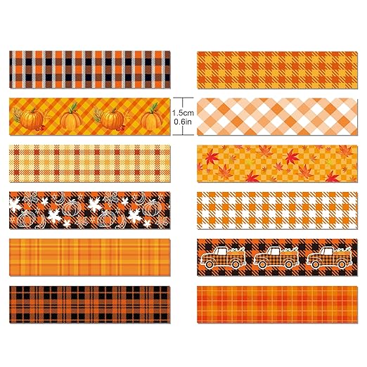 12 Rolls Fall Plaids Washi Tape, Autumn Maple Leaves Pumpkin Masking Washi Tape 15mm, Thanksgiving Harvest Decorative Tape Sticker for Scrapbook, Journal, DIY Craft, Gift Wrapping