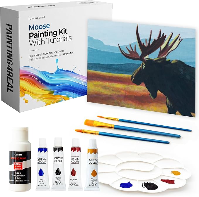 DIY Art Painting Kit for Adults – Learn to Paint Moose with Video Tutorials – 9 Pieces Acrylic Paint Set for Adults –Perfect Christmas Crafts & Holiday Gifts for Art Lovers