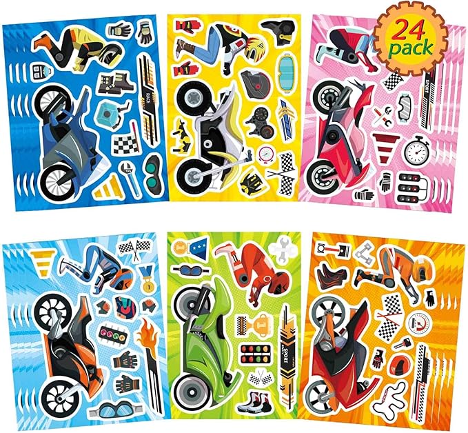 24 Sheets Make Your Own Motorcycle Stickers for Kids Toddler, Motocross Stickers Make a Face Stickers, Dirt Motobike Stickers for Kids Teens Motorcycle Stickers Kids Party Favor Supplies Crafts