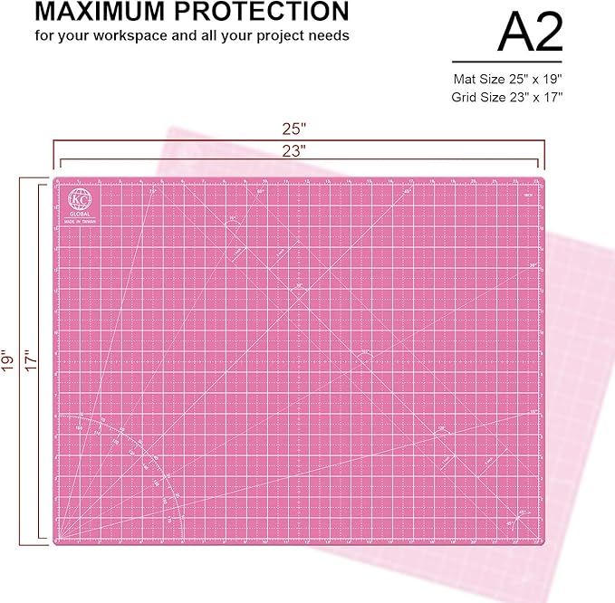 KC GLOBAL A2 (24"x18") Self-Healing Cutting Mat (Pink) - Sturdy, Reversible, Eco-Friendly, Non-Slip. Premium Desk Mat for Crafters, Quilters, and Hobbyist