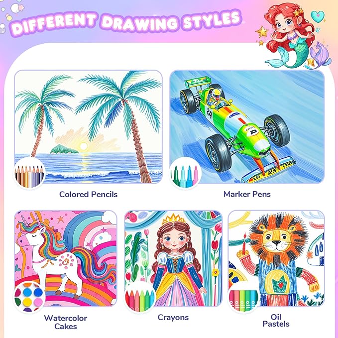 homicozy Art Supplies Kit for Kids Ages 4-12,Mermaid Art Case Coloring Set,Drawing Kits with Markers, Crayons, Colored Pencils,Oil Pastels,Coloring Book,School Supplies,Gift for Kids Artist Age 4+