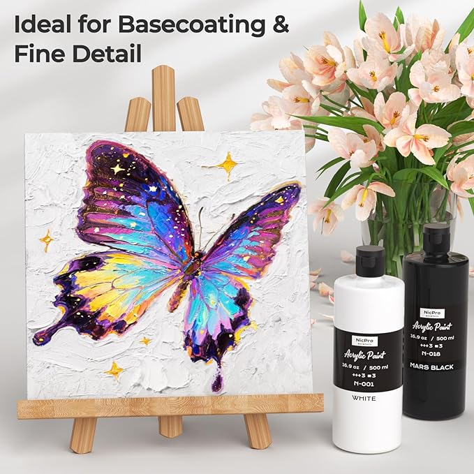 Nicpro White & Black Large Acrylic Paint (16.9 oz, 500 ml), Rich Pigments, Non Toxic Craft Paint for Multi Surface, Canvas, Wood, Leather, Ceramic, Fabric - Art Painting Supplies for Beginners, Artists & Adults