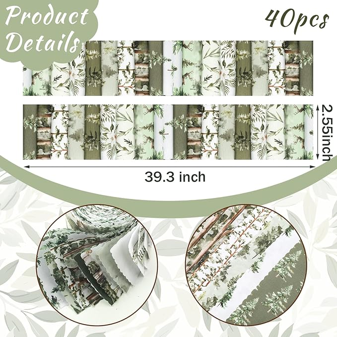 40 Pcs Sage Green Christmas Quilting Fabric Roll 2.56 Inch Watercolor Woodland Precut Fabric Squares Jelly Forest Reindeer Patchwork Strips Quit Material for Winter Xmas Craft Sewing DIY