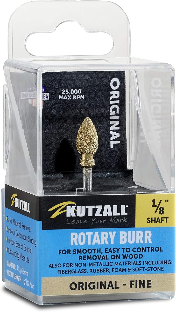 Kutzall Original Flame Rotary Burr, 1⁄8" Shaft, Fine - Wood Carving Bit for Dremel, Foredom, DeWalt, Milwaukee. Abrasive Tungsten Carbide, 1⁄4" (6.3mm) Dia. X 1⁄2" (12.7mm) Length, FL-14-EG