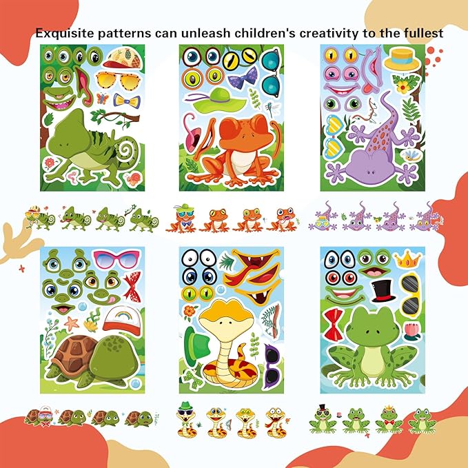 24 PCS Make-a-face Sticker for Kids, Make Your Own Reptile Animal Mix and Match Sticker with Snakes, Lizards, Frogs, Turtles, Kids Party Favor Supplies Craft