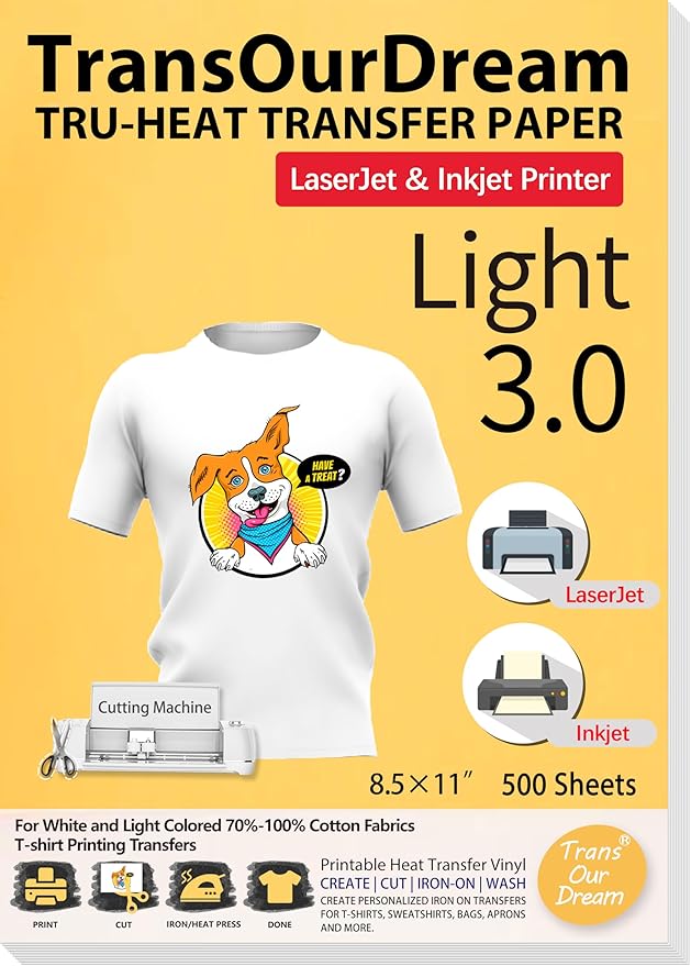 TransOurDream Tru-Heat Transfer Paper for Inkjet & Laserjet Printer (500 Sheets 8.5x11, 3.0) Printable HTV Heat Transfer Vinyl for T Shirts Iron on Transfers for Light Fabrics
