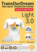 TransOurDream Tru-Heat Transfer Paper for Inkjet & Laserjet Printer (500 Sheets 8.5x11, 3.0) Printable HTV Heat Transfer Vinyl for T Shirts Iron on Transfers for Light Fabrics