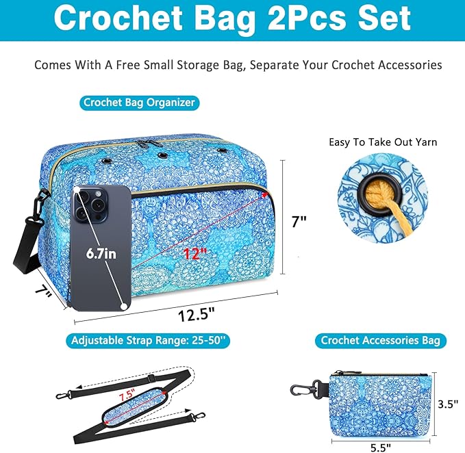 IBFUN Crochet Yarn Knitting Bag 2 Pcs Yarn Storage Organizer Crocheting Bags for Beginners with Shoulder Strap for Knit Accessories Needles Hooks