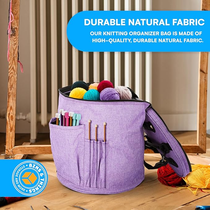 Bins & Things Knitting Bag – Large Crochet Yarn Storage Organizer with 2 External Pockets – Durable Natural Fabric Tote for Knitting Needles, Hooks, Accessories – Purple Craft Bag