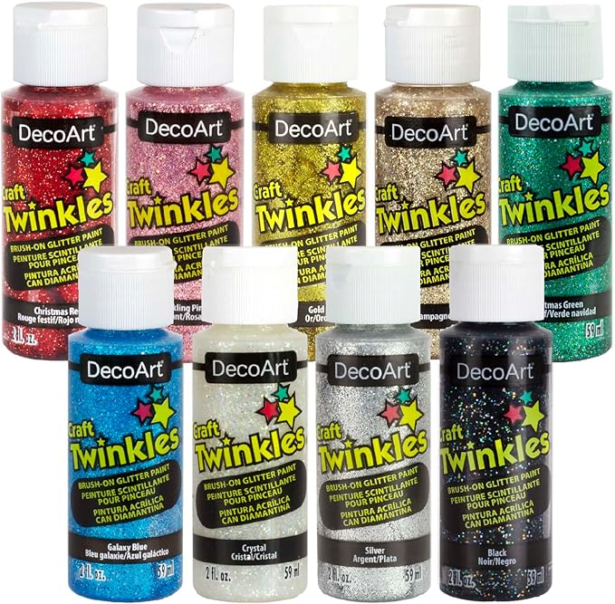 DecoArt Craft Twinkles Glitter Acrylic Paint Set – 9 Bottles (2 fl oz) – Sparkling Craft Paints for Kids’ Art, Holiday Crafts & DIY Projects
