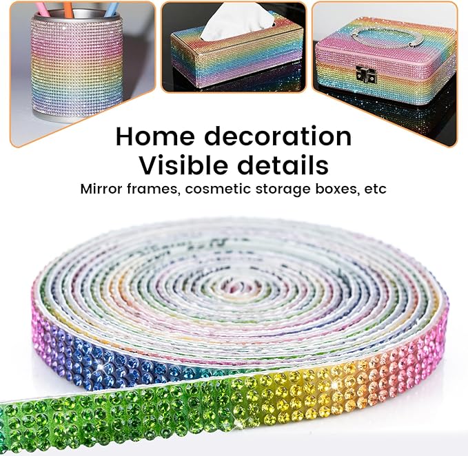 Novani Self Adhesive Rhinestone Ribbon, 0.35 Inch Wide 3 Yards 1 Roll, Rainbow Crystal Diamond Bling Strips for DIY Crafts,Home Decor,Glitter Glass Rhinestones Tape for Crafting,Car Decoration