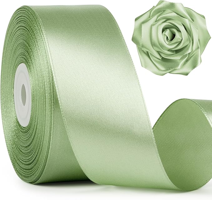 1-1/2 Inch Wide Sage Green Satin Ribbon, 50 Yards Solid Polyester Fabric Ribbon for Roses Making, Gift Wrapping, Valentine's Day, Wedding Decorations, Crafts, Bows