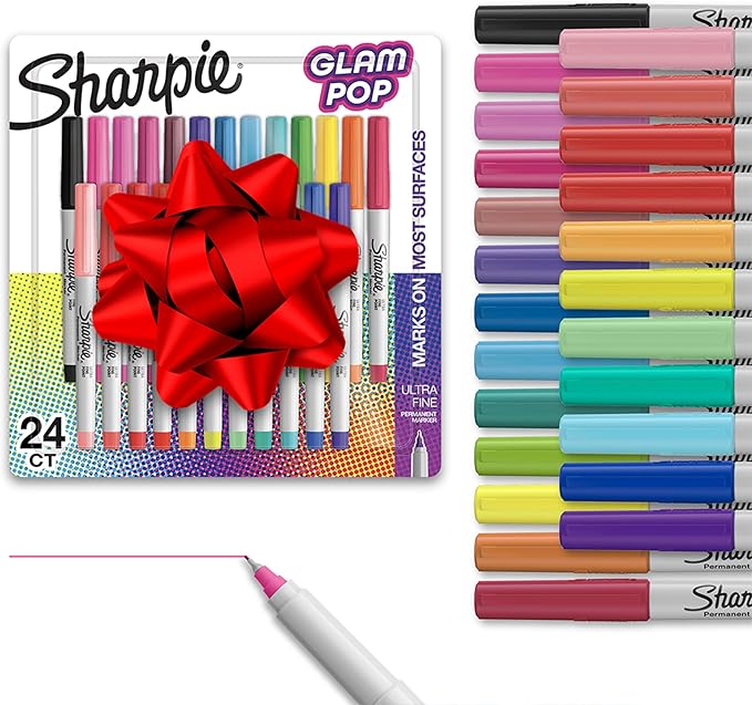 Sharpie Glam Pop Permanent Markers, Ultra Fine Tip Set, Coloring and Drawing, Resilient Ink, Assorted Colors, 24 Count