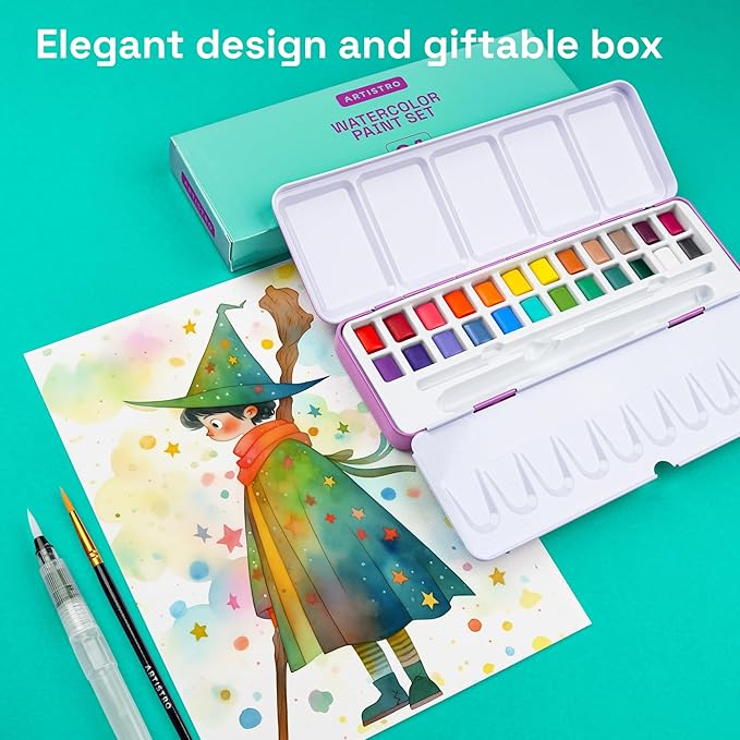 ARTISTRO Watercolor Paint Set 24 Colors, Travel Watercolor Set in Portable Box, Mini Water Colors Paint for Artists, Beginners, Amateur Hobbyists