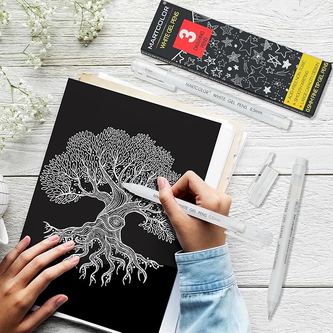 White Gel Pens, 0.5mm Extra Fine Point Opaque Archival Ink Pen for Black Paper Drawing, Art Highlight, Illustration, Bullet Journaling, Card Making & DIY Projects, 3 Pack