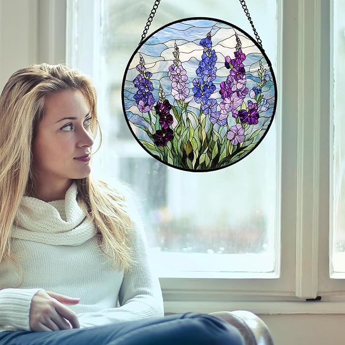 Stained Glass Window Hanging - Blue Purple Delphinium Suncatcher for Door Garden Home Decor Birth Flower Sun Catcher Birthday for Friend Lovers Women Mom Nana 11.8 in