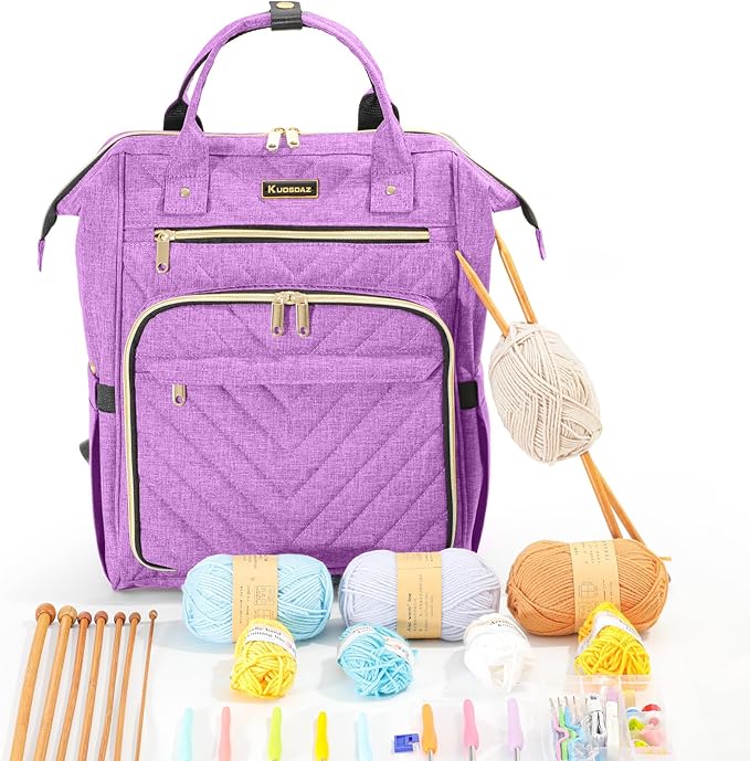 Knitting Bag Backpack, Crochet Bag Tote, Yarn Organizer with USB Charging Port, Christmas Gifts Large Travel Knit Storage Tote for Crochet Hooks, Knitting Needles, Yarn Supplies, Purple