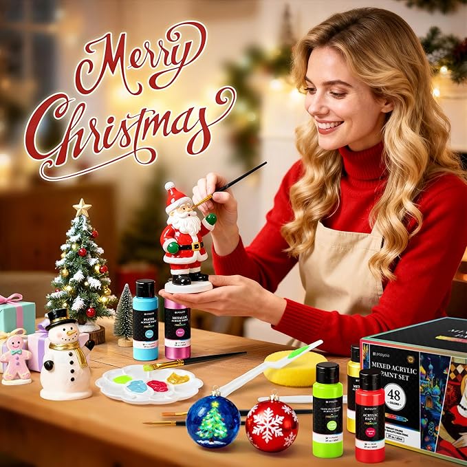64 PCS Classic & Pastel & Metallic & Glow in the Dark Acrylic Paint Set with 12 Brushes, 2 Knives & Palette, 48 Colors Art Craft Paint for Beginners, Canvas Ceramic Rocks Wood Painting Kit Art Supplies