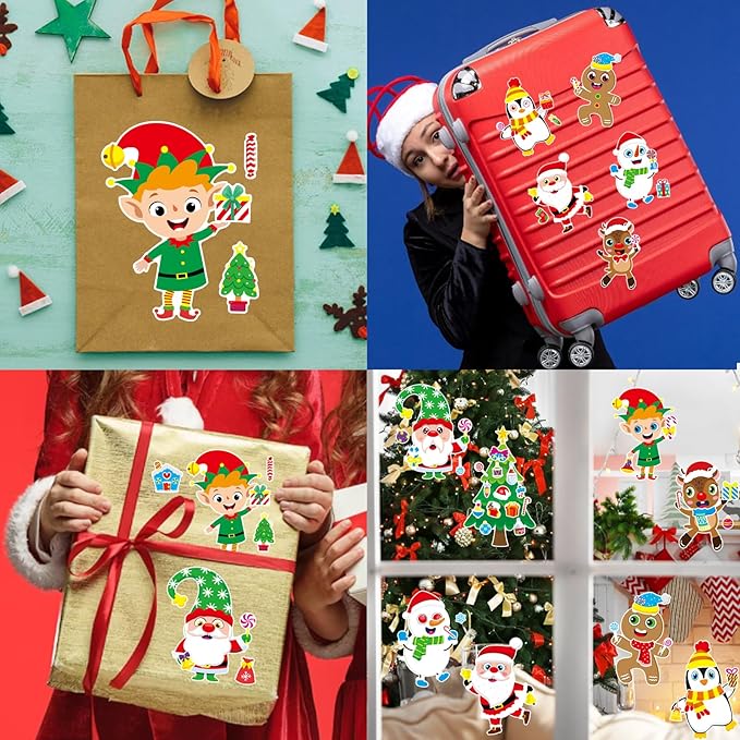 24 Sheets Christmas Stickers for Kids - Xmas Stocking Stuffers, Make-a-face Sticker, Make Your Own Stickers, Christmas Party Games Decorations, Winter Holiday Craft Supplies Xmas Gifts
