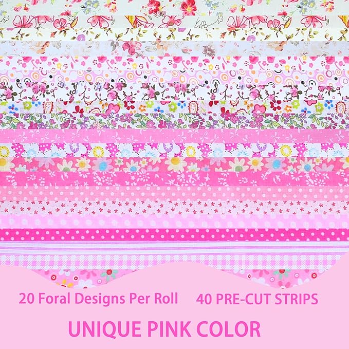 SANDOO 40 Strip Jelly Roll Fabrics for Quilting - Pink Quilting Fabric for Art,Craft & Sewing,Jellyroll Fabric for Quilting Clearance,Soft Cotton Precut Floral Cloth for Blanket,Rug,Home Decor,2.5x20