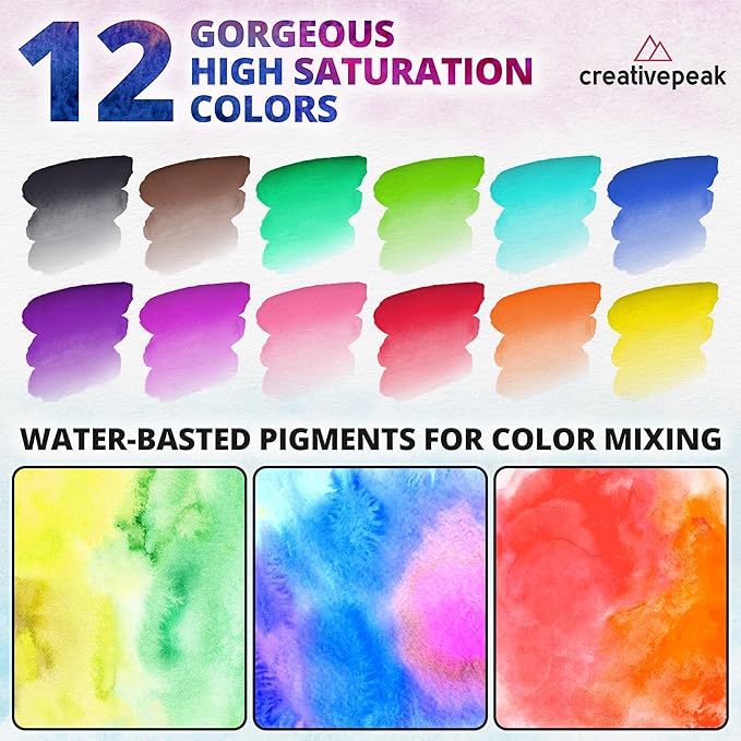 Creativepeak Watercolor Brush Pens - 12 Vibrant Soft Tip Coloring Markers with Blending Brush - Premium Art Supplies for Calligraphy, Lettering, Coloring & Journaling