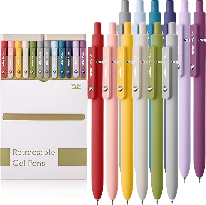 Mr. Pen- Retractable Gel Pens, 12 Pack, Morandi and Vintage Barrels, Fast Dry, Black Gel Pens Fine Point 0.5mm, Aesthetic Pens for Journaling