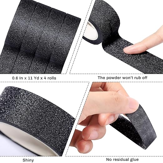 Zonon 4 Rolls 0.6 Inch x 11 Yards Glitter Washi Tape Crafting Glitter Masking Tape for Festival Decoration Scrapbooking, Journal, Planner, Gift Wrapping(Black)