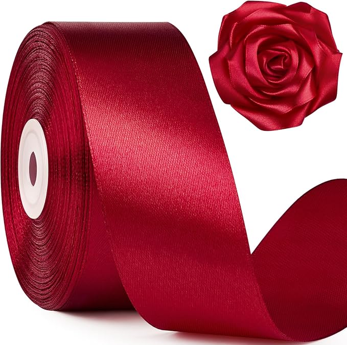 1-1/2 Inch Wide Wine Red Satin Ribbon, 50 Yards Solid Polyester Fabric Ribbon for Roses Making, Gift Wrapping, Valentine's Day, Wedding Decorations, Crafts, Bows