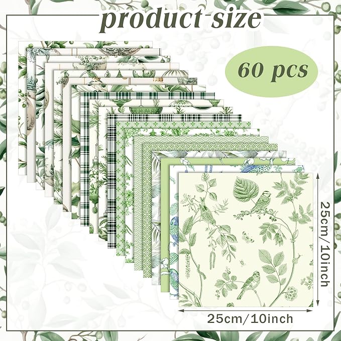Oudain 60 Pcs 10 x 10 Inch Green Chinoiserie Quilting Fabric Squares Christmas Sage Greenery Fat Patchwork Precuts Pagoda Porcelain Plaid Fabric Bundles for Xmas DIY Craft Sewing Handmade Material