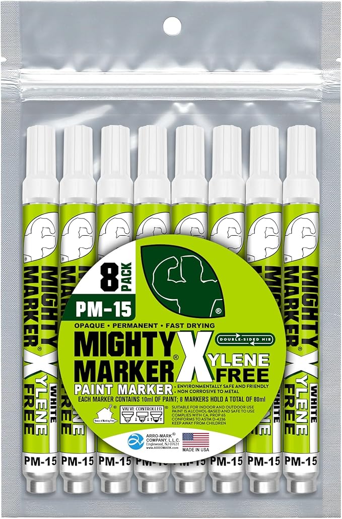 PM-15, Eco-Friendly Paint Marker, Alcohol-Based & Xylene-Free, Waterproof & Permanent, 10ml, 2.3mm Tip, 8 Bonus Tips, Made in USA, White 8 Pack