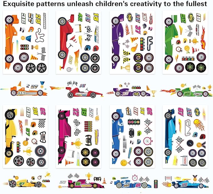 24 Sheets Make Your Own Race Car Stickers, Sporty Racing Car Stickers for Kids, Racing Gifts Party Favors Birthday Decorations, Classroom Teacher Reward Craft
