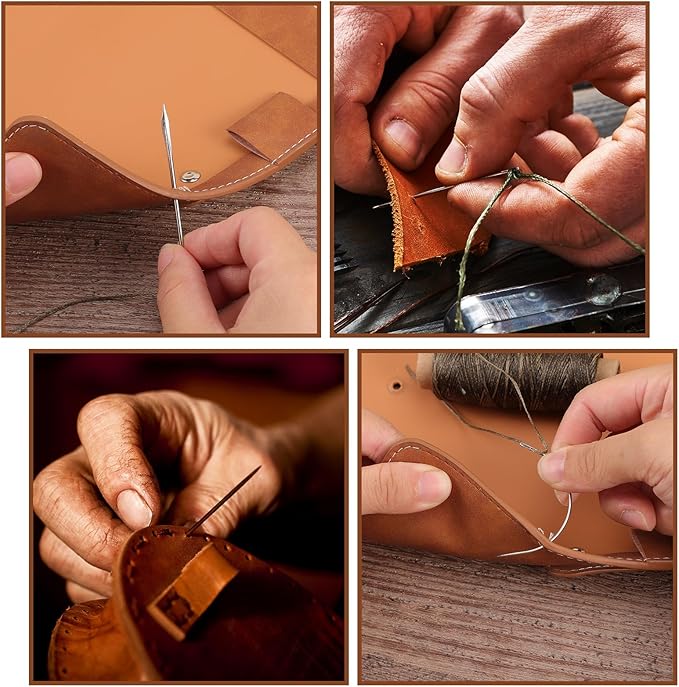 Pimoys 55Yards Waxed Thread with 7 Pcs Leather Needles for Hand Sewing 150D Flat Sewing Waxed Thread Leather Repair Needles for Sewing Upholstery Leather Canvas Bags Sofa Furniture(Army Green)