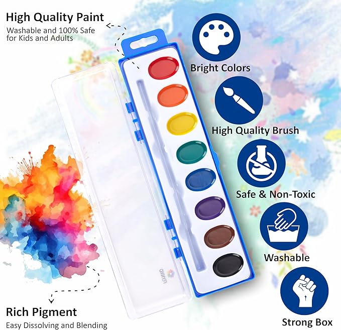 Mini Watercolor Paint Set for Kids – 2 Pack, 8 Vibrant Washable Colors Each, ASTM D-4236 Certified Non-Toxic Art Kit with Brushes – Perfect for Toddlers, School, and Home Creative Learning