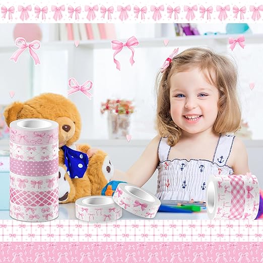 12 Rolls Pink Bow Washi Tape Set Bowknot Decorative Masking Tape Set - Bowknot, Buffalo Plaid Decorative Masking Tapes for Scrapbooking, Journaling, Coquette Party Decor, DIY Art Crafts