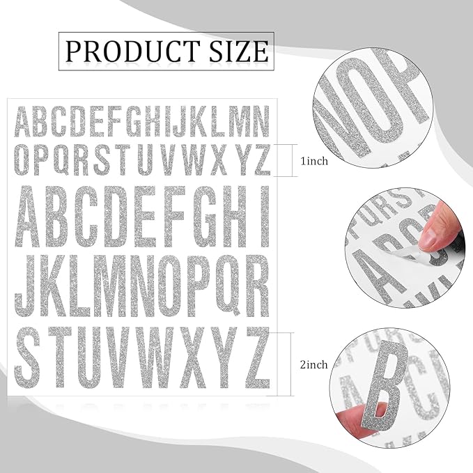 8 Sheet Glitter Letter Stickers Vinyl Alphabet Stickers Waterproof Self Adhesive Stick on Letters for Poster Bulletin Board Mailbox School Classrooms Decor(1 Inch, 2 Inch,Silver)