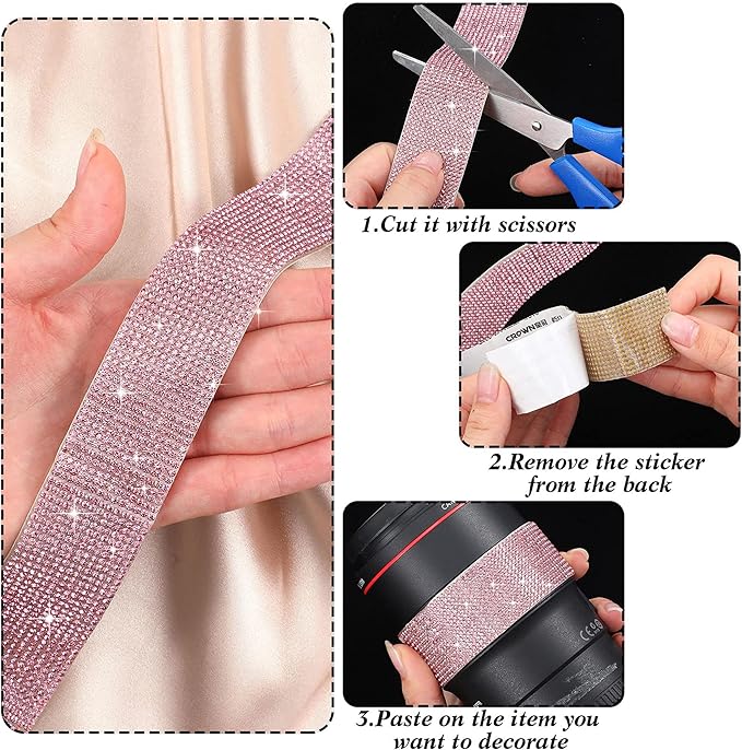 4 Rolls Self Adhesive Crystal Rhinestone Ribbon Diamond Bling Tape with 2 mm Rhinestones Strips Sticker for Arts Crafts Wedding Birthday Party DIY Event Car Phone Decoration (Pink)