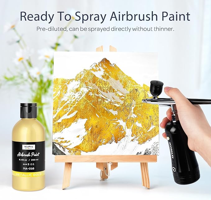 Nicpro Metallic Gold Large Airbrush Paint (8.45 oz, 250 ml) Ready to Spray Opaque Water-Based Acrylic Air Brush Paints for Model, Wood, Canvas, Metal, Plastic, Leather, for Beginners & Artists