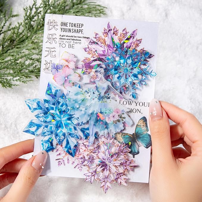 Yoksas Holographic Ice Crystal Snowflake Stickers - 60 Pcs Large Clear Snowflake Stickers for Scrapbooking, Journaling, Planners, Resin Art Supplies