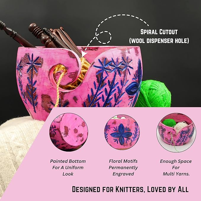Exquisite Premium Yarn Ball Storage Bowls | Hand Painted Lovely Decor Yet Functional Yarn Dispenser (Small (6 x 3 x 6 Inches), Vanilla Pink)