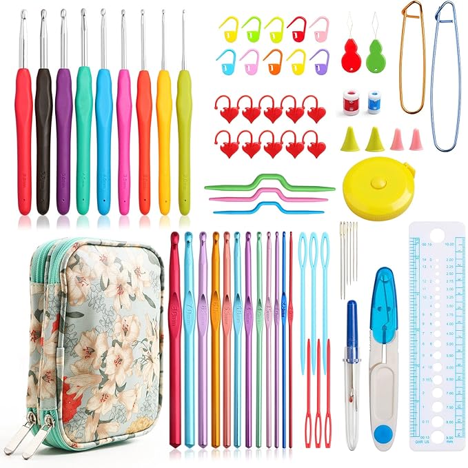 KOKNIT Crochet Hooks Set with Case,9 Ergonomic Crochet Hooks with Soft Grip,12 Aluminum,Full Crochet Kit for Beginners Adults with Crochet Tools and Accessories