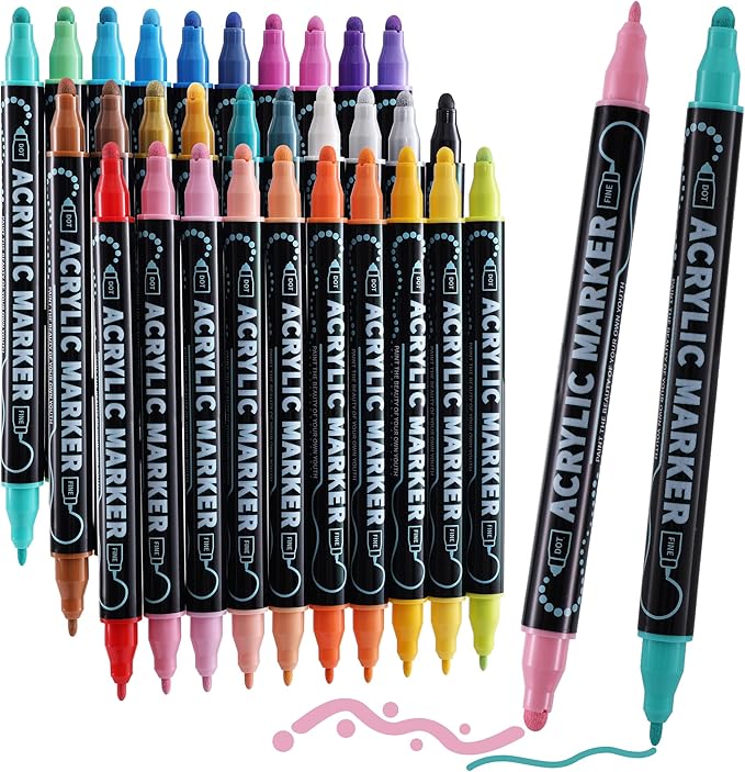 30 Colors Waterproof Dual Tip Acrylic Paint Markers, Dot & Fine Tip Premium Coloring Drawing Paint Pens Set for Paper, Rock, Wood, Canvas, Glass, Ceramic Surfaces and DIY Crafts Art Supplies