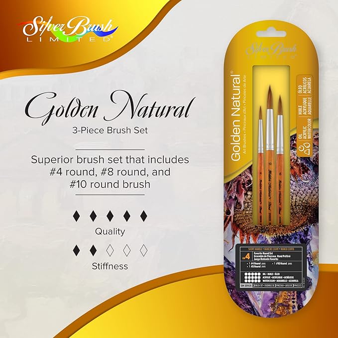 Silver Brush Limited GN-2093S Golden Natural Round Art Brush Set, Watercolor, Oil, and Acrylic Paintbrushes, 3-Piece Set