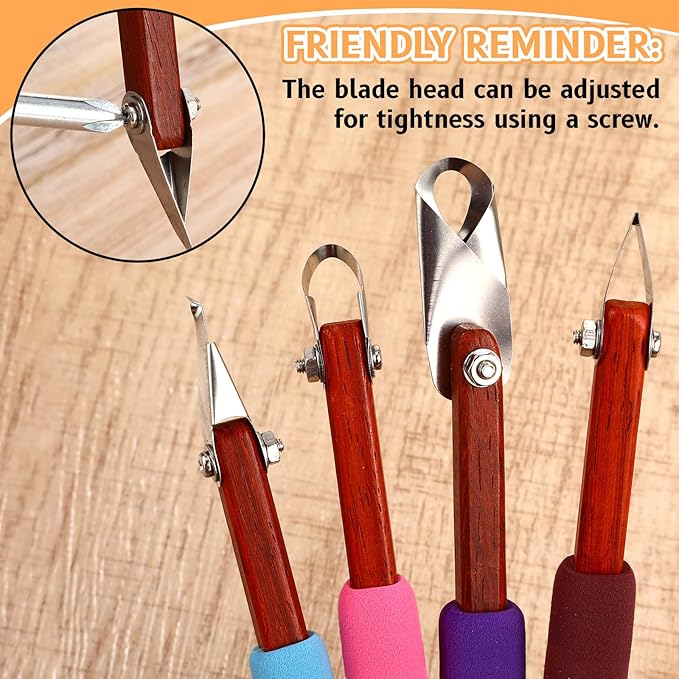 Lanties 4 Pcs Pottery Carving Tool Set Sculpture Scraper Craft Modelling Tools Red Pear Wood Texture Handle with Stainless Steel Blade for Clay Carving, Ceramic Sculpting, Graffito (Wonderful Color)