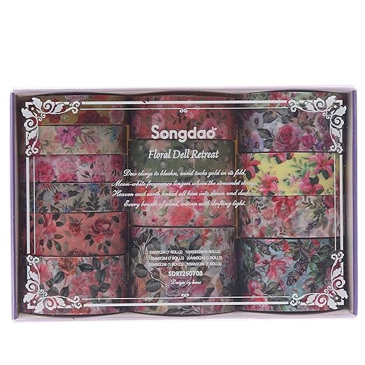 Floral Washi Tape Set - 15 Rolls Flowers Arts Adhesive Tapes Garden Blooms Decorative Masking Tape Sets for Craft, Kids, Scrapbook, DIY, Gift Wrloapping (6-Vintage Floral)