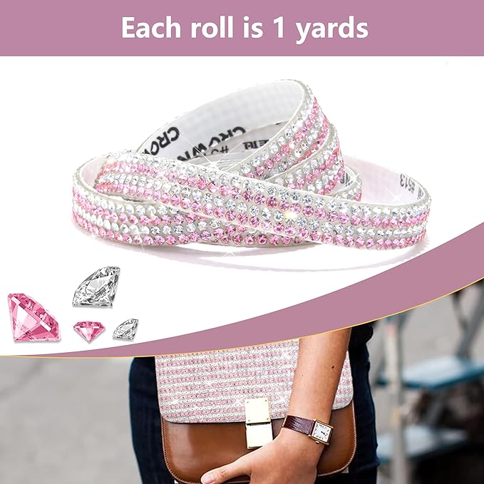 4 Rolls Rhinestone Tape Self Adhesive Crystal Ribbon Diamond Bling Strips with 2 mm Glitter Sticker for Arts Crafts Wedding Birthday Party DIY Event Car Phone Decoration (Silver+Pink)