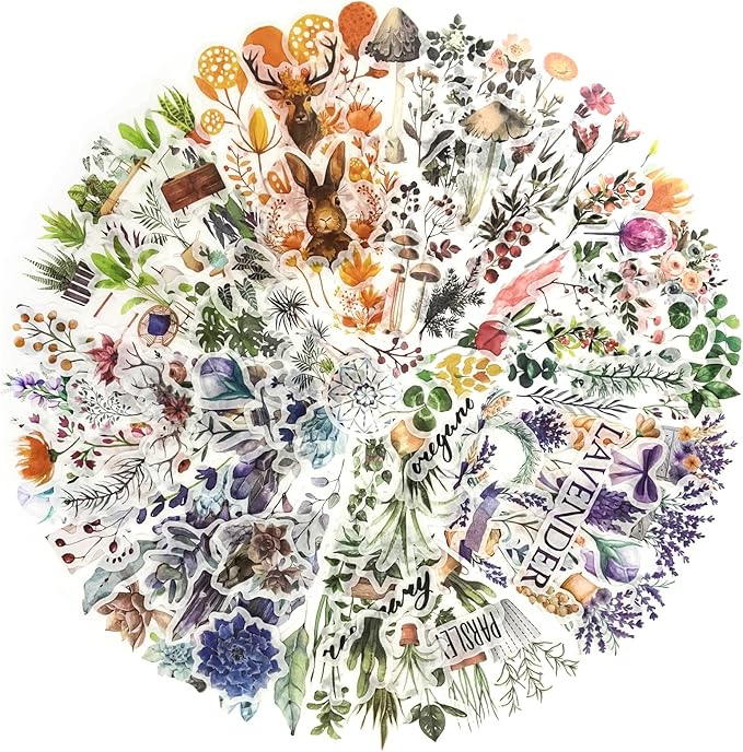 Yoksas 320 Pcs Watercolor Washi Stickers - Forest, Flower, Plant Aesthetic Stickers for Scrapbooking, Bullet Journal, Planners, Calendars