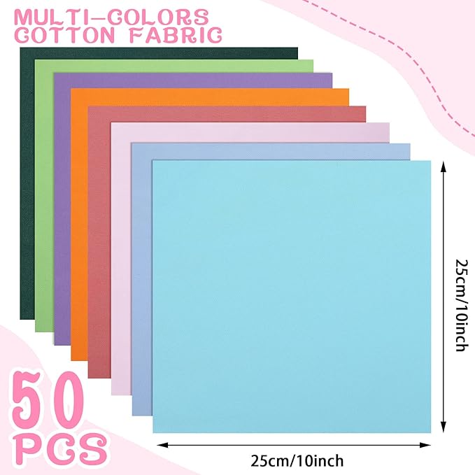 Boyiee 50 Pcs 10 x 10 Inch Cotton Fabric Bundle Square Multicolor Fabric Quilting Sewing Fat Quarters Patchwork Bundles for Beginners DIY Craft Sewing Clothing Scrapbooking