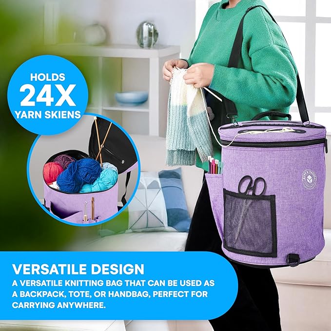 Bins & Things Knitting Bag – Large Crochet Yarn Storage Organizer with 2 External Pockets – Durable Natural Fabric Tote for Knitting Needles, Hooks, Accessories – Purple Craft Bag