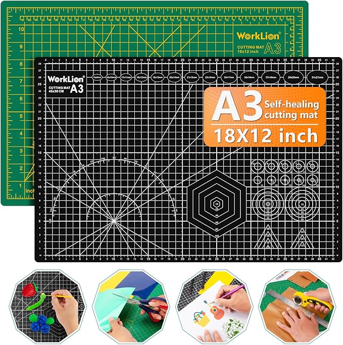 Worklion Self Healing Craft Mat: 18"x12" Rotary Cutting Mat for Sewing,Quilting,Leather,Craft,Fabric,Model,Art,Clay,5-layer 2-sided Cutting Mat, green and black
