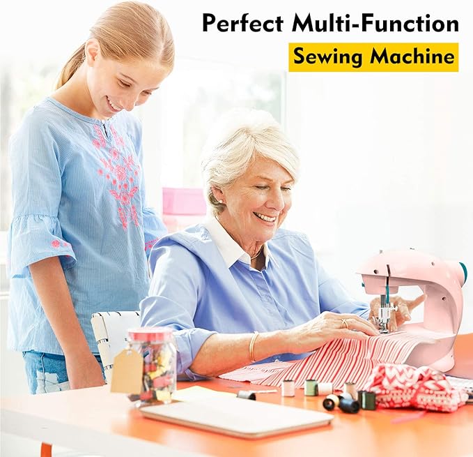 Magicfly Mini Sewing Machine with Extension Table, Dual Speed Portable Sewing Machine for Beginners with Light, Sewing Kit for Household Use, Pink